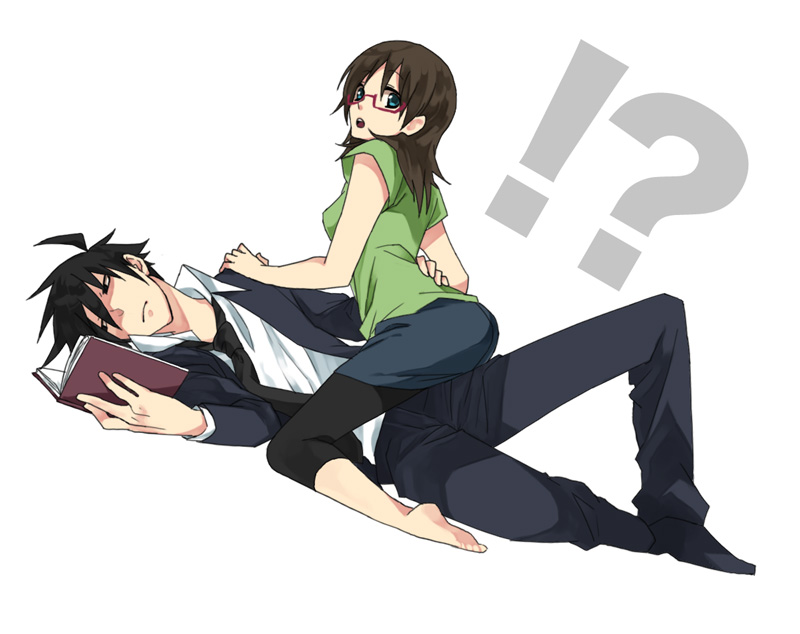 akutabe, barefoot, black_hair, book, brown_hair, drr_saku, formal, glasses, necktie, no_eyebrows, sakuma_rinko, suit, yondemasuyo_azazel-san, yuichi_(zen)
