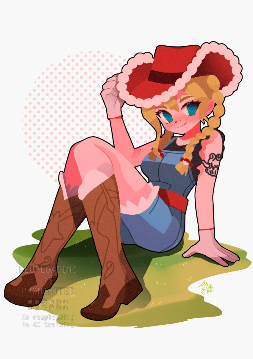 1girl, arm_tattoo, belt, blonde_hair, blue_eyes, blue_overalls, boots, braid, breasts, brown_boots, closed_mouth, cowboy_boots, cowboy_hat, cowgirl_(western), denim, denim_overalls, farmer, freckles, gloves, hat, highres, kitt_(pokemon), long_hair, looking_at_viewer, medium_breasts, overall_shorts, overalls, pokemon, pokemon_champions, red_belt, red_hat, sitting, smile, solo, tattoo, twin_braids, white_gloves, yorita_genyu