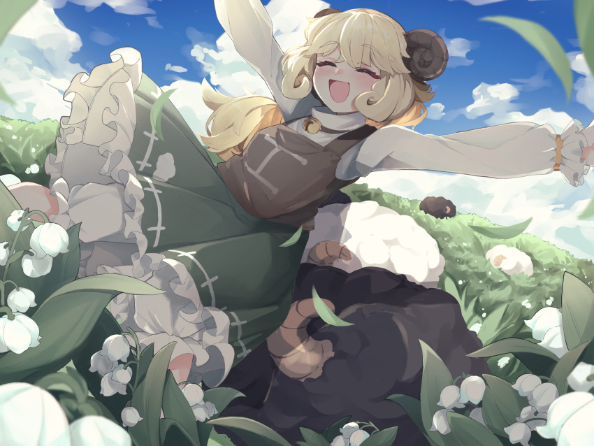 1girl, black_sheep, dress, fantasy_maiden_wars, flower_field, gensou_shoujo_taisen, happy, highres