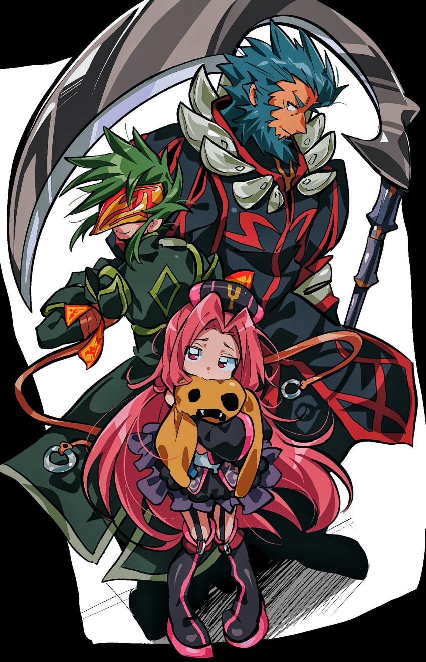 1girl, 2boys, absurdres, arietta_(tales), beard, black_boots, black_coat, black_dress