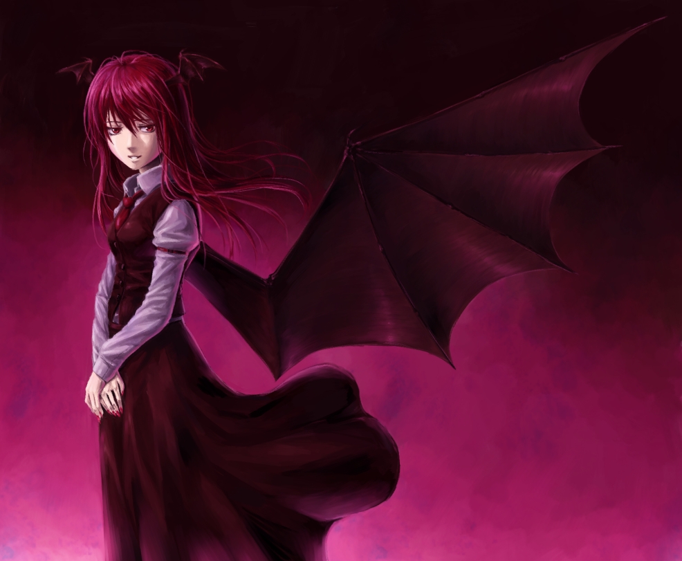 bat_wings, head_wings, koakuma, light_smile, long_hair, long_sleeves, nail_polish, necktie