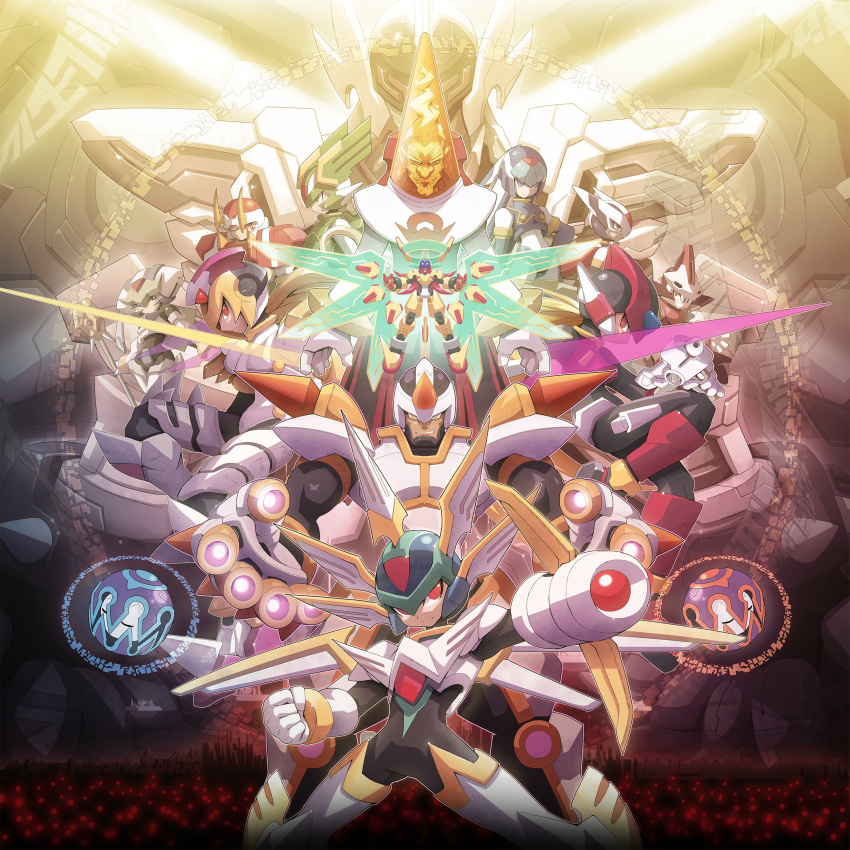 2girls, 6+boys, absurdres, arm_cannon, armor, blue_armor, blue_helmet, cyber_elf_(mega_man)