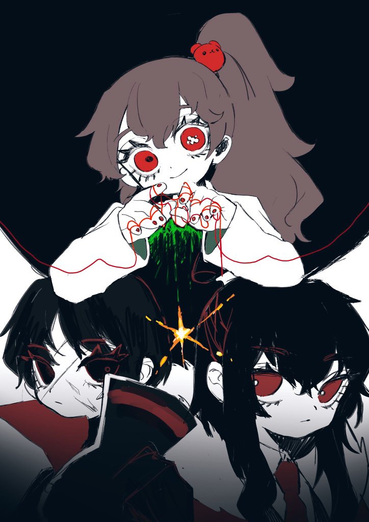 3girls, bear_hair_ornament, black_eyes, black_hair, brown_hair, carmen_(project_moon), closed_mouth, commentary