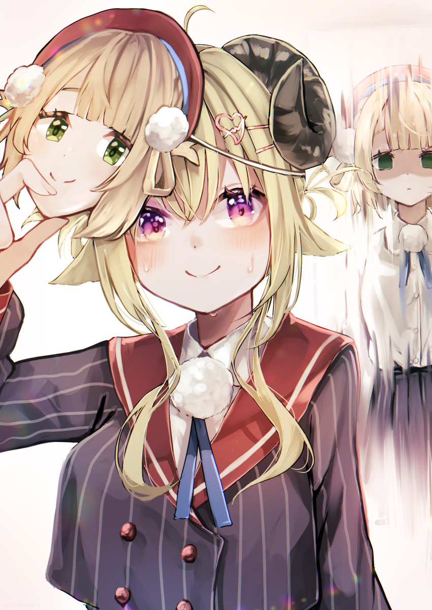 2girls, absurdres, adjusting_mask, beret, blonde_hair, blue_ribbon, breasts, buttons