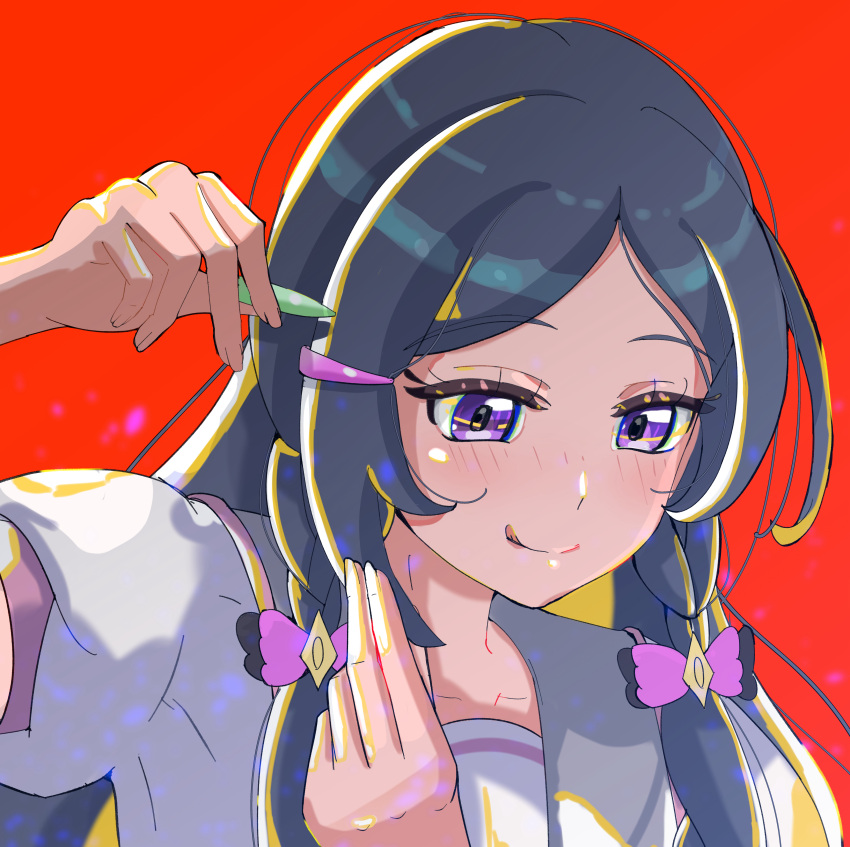 1girl, :q, absurdres, adjusting_hair_ornament, black_hair, bow, braid, closed_mouth