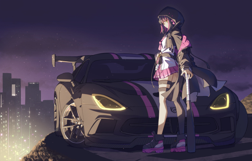 1girl, ascot, asymmetrical_legwear, bad_source, baronilu, baseball_bat, belt, black_hair