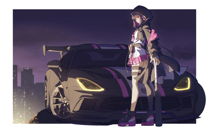 1girl, ascot, asymmetrical_legwear, bad_source, baronilu, baseball_bat, belt, black_hair