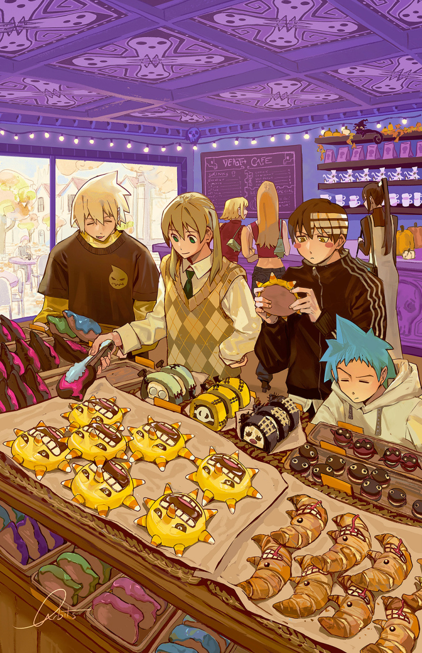3boys, 5girls, black_hair, black_jacket, black_star, black_sweater, blair_(cat)_(soul_eater), blonde_hair