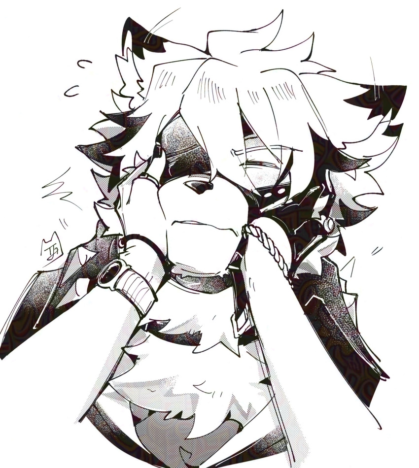 2boys, animal_ear_fluff, animal_ears, black_gloves, body_fur, closed_eyes, colored_tips, commentary, english_commentary, flying_sweatdrops, furry, furry_male, furry_with_non-furry, gloves, greyscale, half_gloves, hands_on_another's_cheeks, hands_on_another's_face, highres, hugo_vlad, interspecies, jewelry, lontongs, male_focus, monochrome, motion_lines, multicolored_hair, multiple_boys, multiple_rings, muzzle_(mask), parted_lips, ring, simple_background, single_glove, single_half_glove, von_lycaon, watch, white_background, white_fur, white_hair, wolf_boy, wolf_ears, zenless_zone_zero