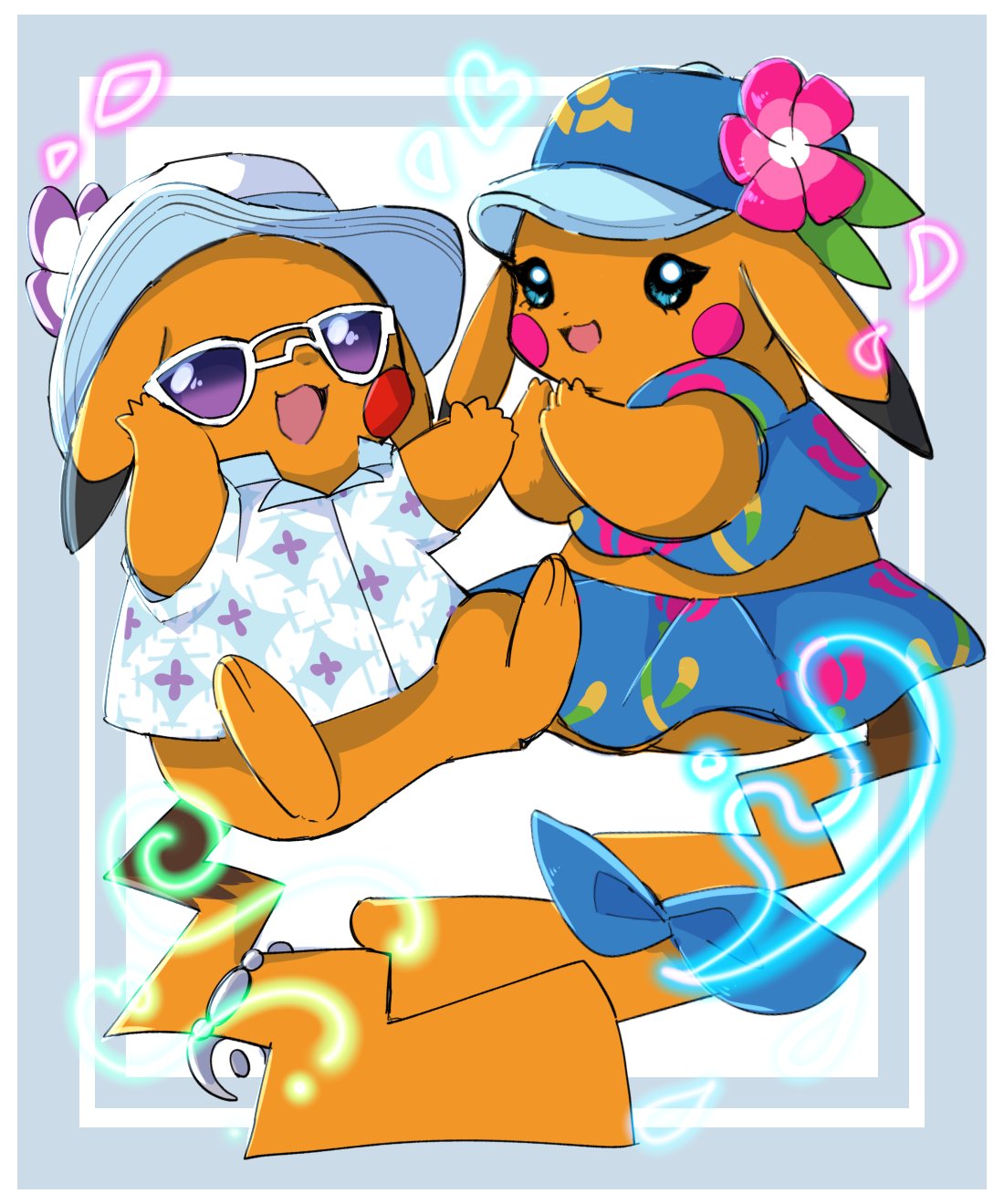 ayaka_488, blue_eyes, blue_hat, blue_skirt, blue_tank_top, clothed_pokemon, collared_shirt, floral_print