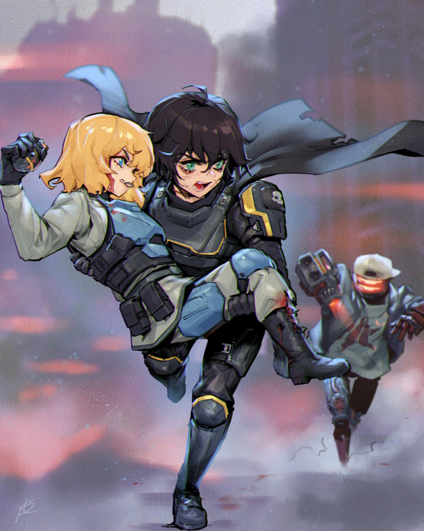1boy, 1girl, absurdres, ammunition_pouch, arm_cannon, armor, backwards_hat, baggy_clothes