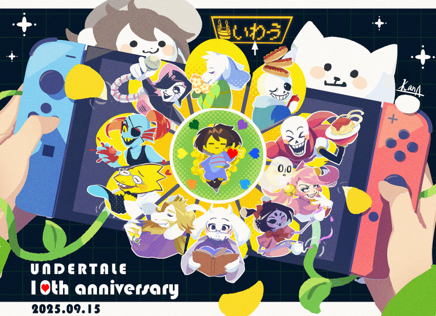 >_<, 2others, 5boys, 5girls, :3, :d, alphys, animal_ears, anniversary, annoying_dog, arthropod_girl, asgore_dreemurr, asriel_dreemurr, beard, black_eyes, black_hair, black_sclera, blonde_hair, blue_jacket, blue_shorts, blue_skin, blue_sweater, blush, brothers, brown_hair, cape, chara_(undertale), closed_eyes, closed_mouth, colored_sclera, colored_skin, colored_teeth, commentary_request, copyright_name, dated, facial_hair, fangs, flower, food, frisk_(undertale), furry, furry_female, furry_male, glasses, gloves, green_sweater, hair_over_one_eye, handheld_game_console, highres, holding, holding_flower, holding_handheld_game_console, holding_microphone, holding_plate, hood, hood_down, hooded_jacket, horns, hot_dog, humanoid_robot, jacket, kana_(kanaice), long_hair, long_sleeves, mad_mew_mew, mettaton, microphone, muffet, multiple_boys, multiple_girls, multiple_others, napstablook, nintendo_switch, one_eye_closed, open_mouth, papyrus_(undertale), pasta, pink_hair, plant, plate, purple_skin, rectangular_eyewear, red_cape, red_gloves, red_hair, robot, round_eyewear, sans_(undertale), short_hair, shorts, siblings, skin_fangs, smile, spaghetti, spider_girl, sweater, teeth, temmie, toriel, translation_request, undertale, undyne, utdr_(toby_fox), vines, white_eyes, xd, yellow_sclera, yellow_skin, yellow_teeth
