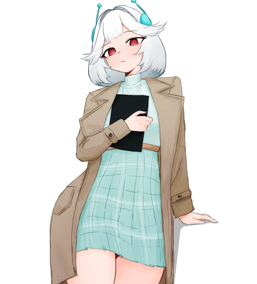 1girl, 22foxulf, aqua_skirt, blush, brown_coat, closed_mouth, coat, cowboy_shot, ellie_minibot, eyelashes, hair_intakes, hashtag-only_commentary, headset, highres, holding, indie_virtual_youtuber, leaning, medium_hair, open_clothes, open_coat, red_eyes, shadow, shirt, simple_background, skirt, solo, virtual_youtuber, white_background, white_hair, white_shirt