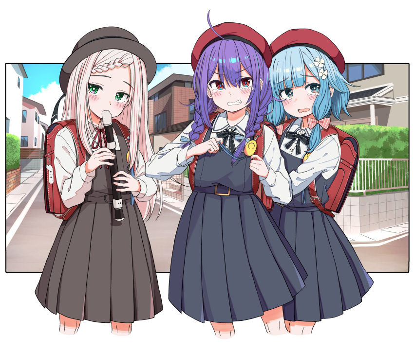 3girls, absurdres, ahoge, backpack, bag, belt, beret, black_ribbon