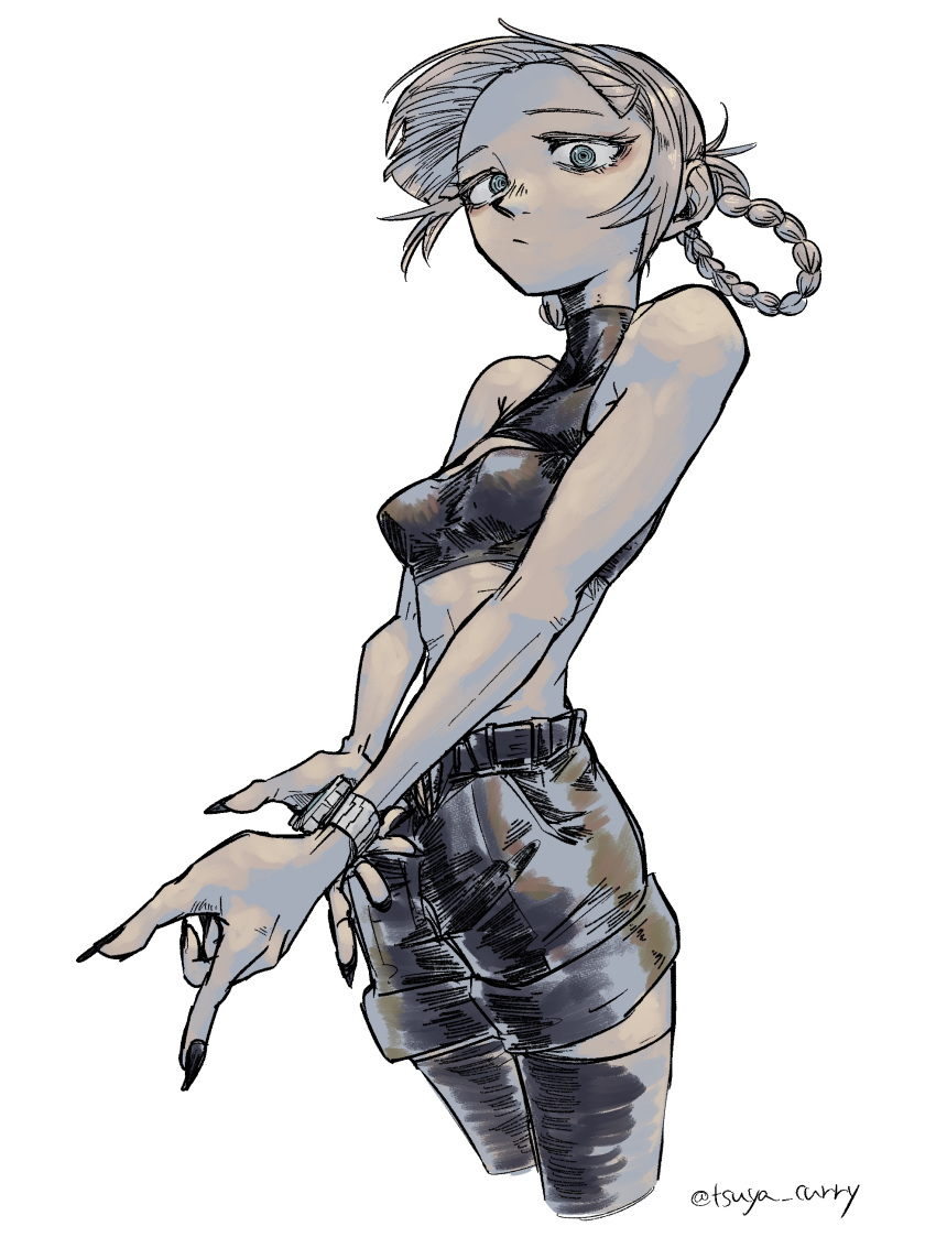 1girl, absurdres, artist_name, bangs_blown_up, bare_shoulders, black_nails, black_shorts, black_thighhighs, blue_eyes, braid, braided_hair_rings, breasts, cleavage_cutout, clothing_cutout, cowboy_shot, crop_top, cropped_legs, forehead, hair_rings, highres, looking_at_viewer, nanakusa_nazuna_(yofukashi_no_uta), perky_breasts, ringed_eyes, short_hair, shorts, simple_background, sleeveless, solo, thigh-highs, tsuya_curry, watch, watch, white_background, yofukashi_no_uta