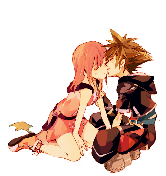 1boy, 1girl, butch/femme_couple, hooded_dress, kairi_(kingdom_hearts), kingdom_hearts, kingdom_hearts_ii, kiss