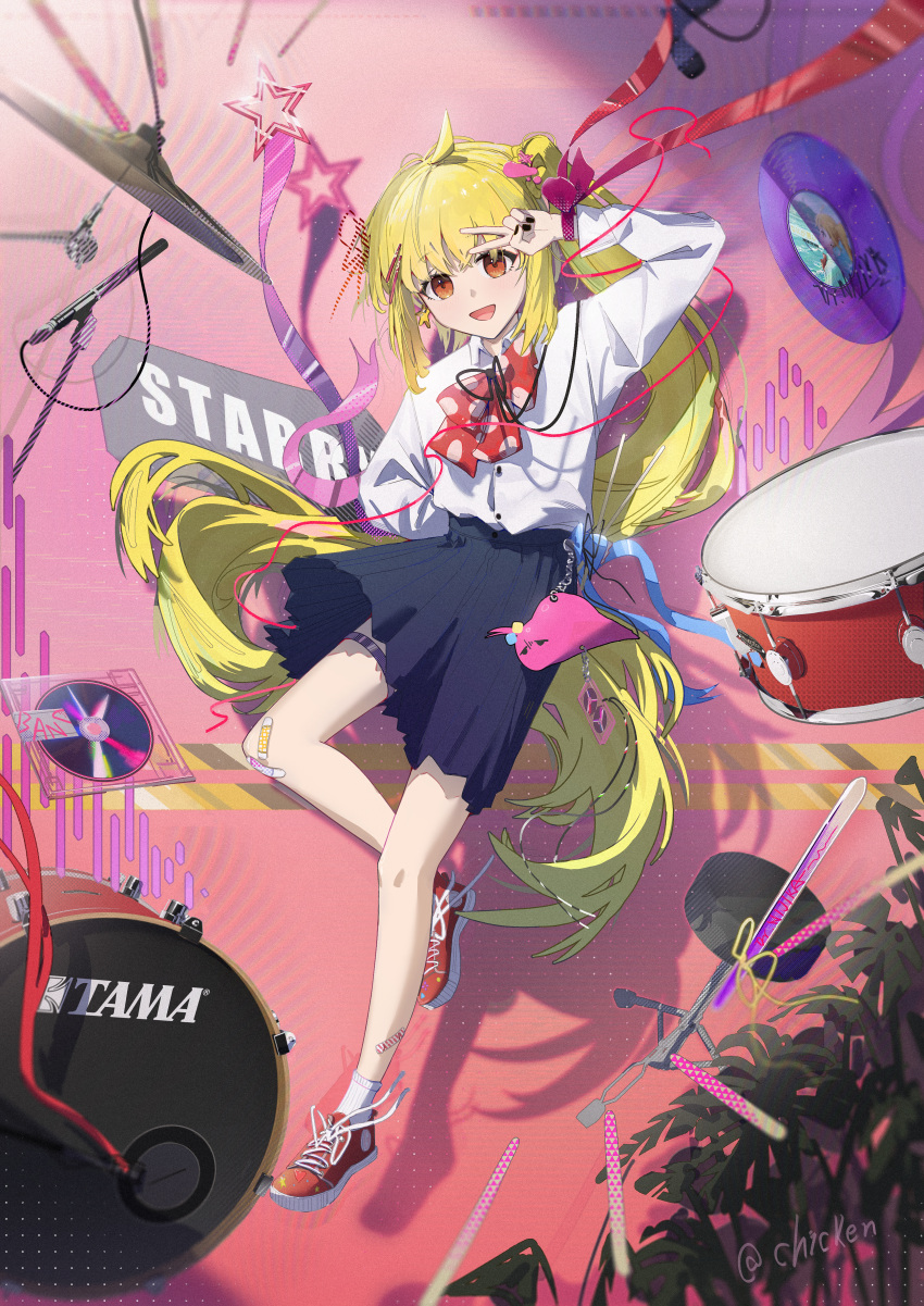 1girl, absurdres, ahoge, bandaid, bandaid_on_knee, bandaid_on_leg, black_nails, black_ribbon, black_skirt, blonde_hair, bocchi_the_rock!, bow, bowtie, cd, chinese_commentary, collared_shirt, commentary_request, cymbals, drum, fingernails, full_body, gotoh_hitori, gotoh_hitori_(tsuchinoko), highres, ijichi_nijika, instrument, leg_up, long_hair, long_sleeves, looking_at_viewer, microphone_stand, nail_polish, neck_ribbon, pink_background, pleated_skirt, polka_dot, polka_dot_bow, polka_dot_bowtie, red_bow, red_bowtie, red_eyes, red_shoes, ribbon, school_uniform, shadow, shimokitazawa_high_school_uniform, shirt, shirt_tucked_in, shoes, side_labret_piercing, skirt, sneakers, socks, solo_focus, thigh_strap, toilet_chicken, twitter_username, v, v_over_head, very_long_hair, watermark, white_shirt, white_socks, wing_collar