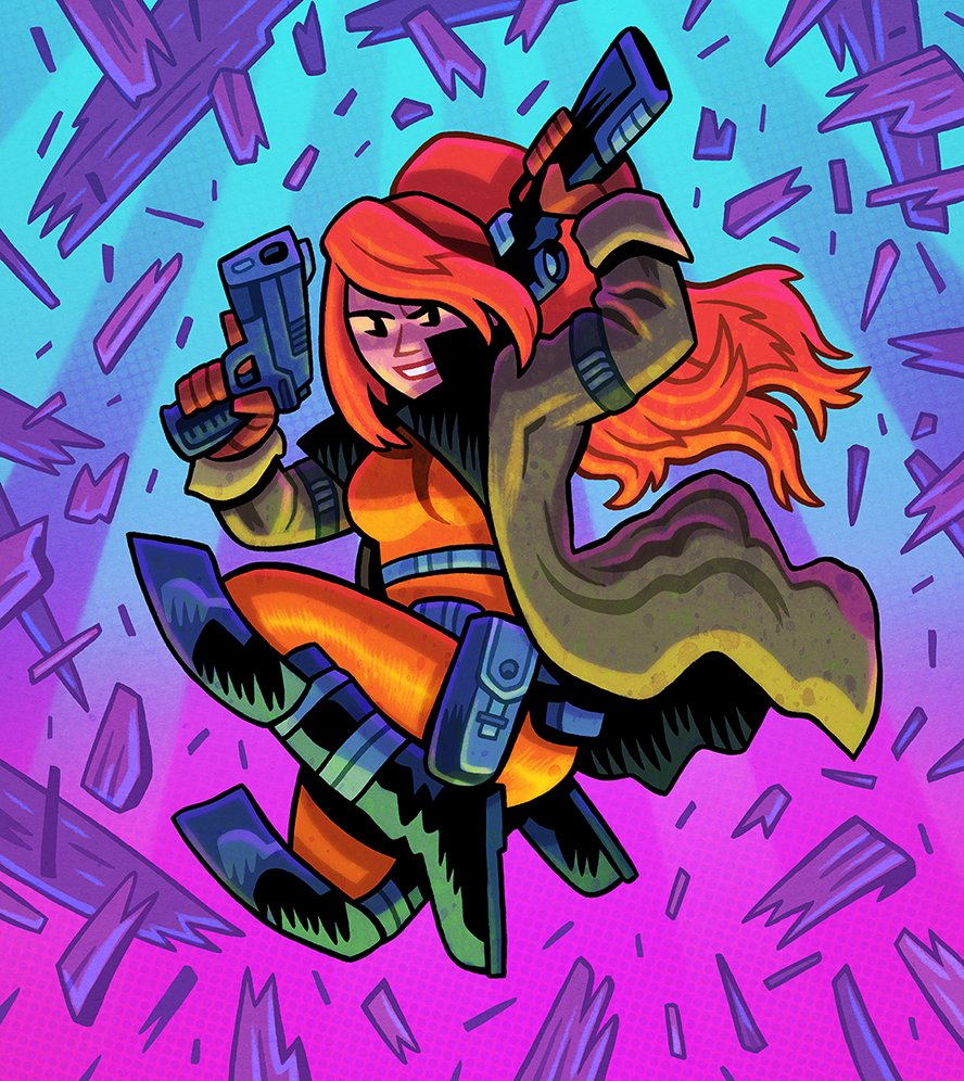 black_boots, bodysuit, boots, coat, dan_hipp, debris, dual_wielding, dynamic_pose