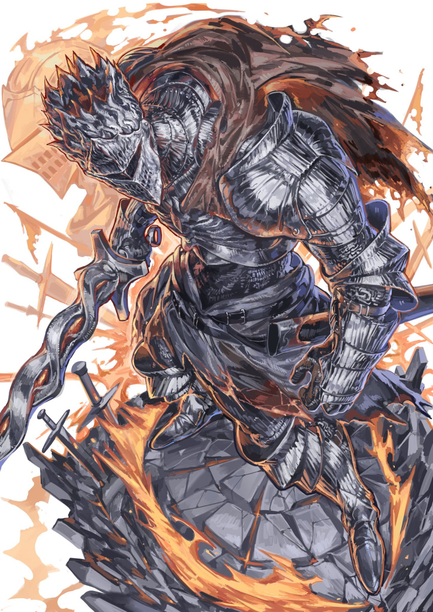 1other, armor, cape, coiled_sword, dark_souls_(series), dark_souls_iii, embers, fire, flaming_sword, flaming_weapon, full_armor, gauntlets, helm, helmet, highres, holding, holding_sword, holding_weapon, knight, nameno92372763, other_focus, solo, soul_of_cinder, standing, sword, weapon