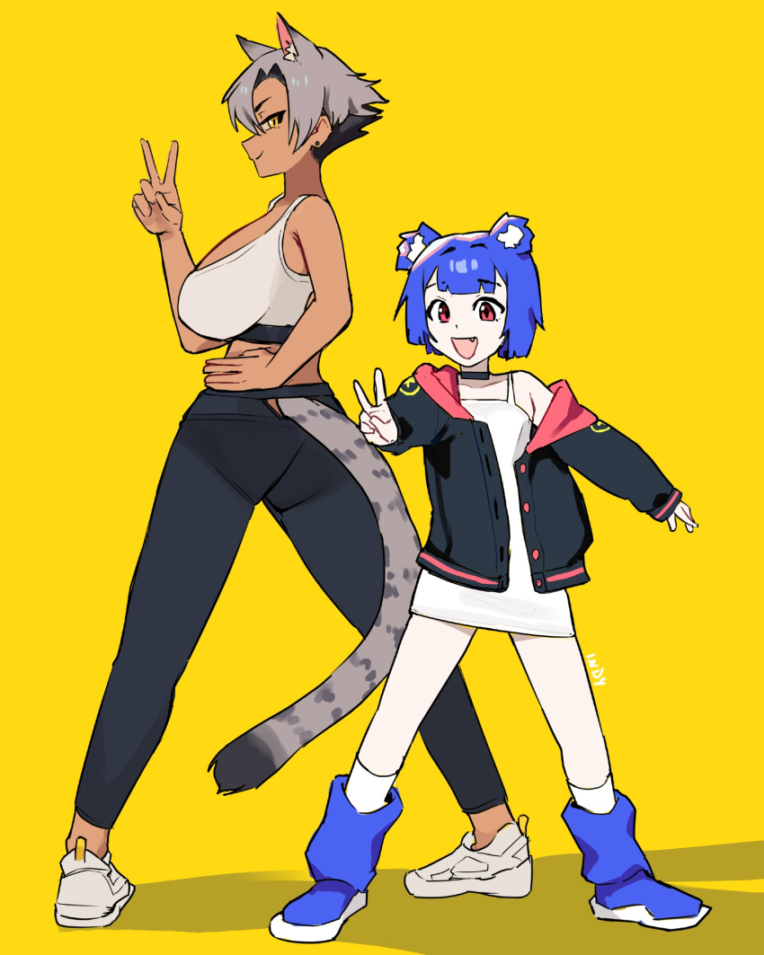 2girls, animal_ear_fluff, animal_ears, bare_shoulders, bear_ears, bear_girl, black_jacket, blue_hair, blue_shoes, breasts, cat_ears, cat_girl, cat_tail, dark-skinned_female, dark_skin, dress, earrings, facing_to_the_side, fang, go!_go!_gris!, grey_hair, gris_(go!_go!_gris!), happy, highres, jacket, jewelry, kara_(go!_go!_gris!), large_breasts, leggings, multiple_girls, red_eyes, red_hood, shoes, short_hair, signature, simple_background, smile, sports_bra, star_(symbol), tae_indy, tail, v, white_shoes, yellow_background, yellow_eyes