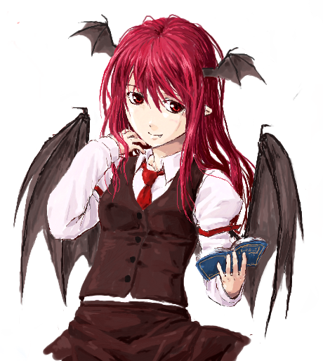 adjusting_hair, arm_garter, bat_wings, book, bust, dress_shirt, fang, head_wings