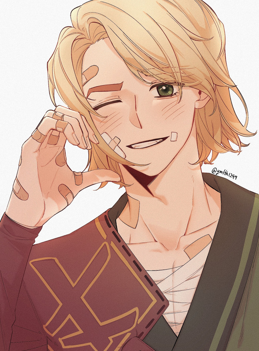 1boy, ;d, aegyo_sal, animification, bandage_on_face, bandaged_torso, bandages, bandaid