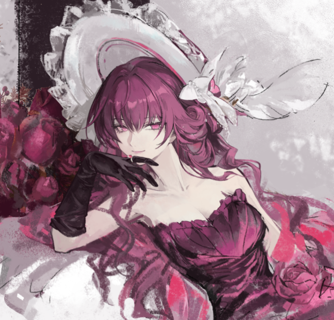 1girl, bare_shoulders, black_gloves, bonnet, chinese_commentary, closed_mouth, commentary, dress, flower, gloves, honkai:_star_rail, honkai_(series), index_ring, jewelry, kafka_(honkai:_star_rail), long_hair, lv_zhu_xuan, purple_hair, ring, rose, sitting, smile, solo, strapless, strapless_dress, very_long_hair, white_bonnet