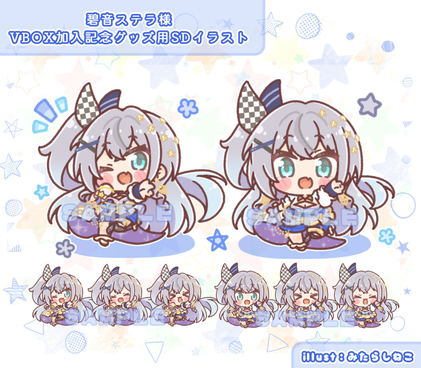 >_<, 1girl, :d, ;d, anon_stella, blue_eyes, blue_hair, blue_shorts