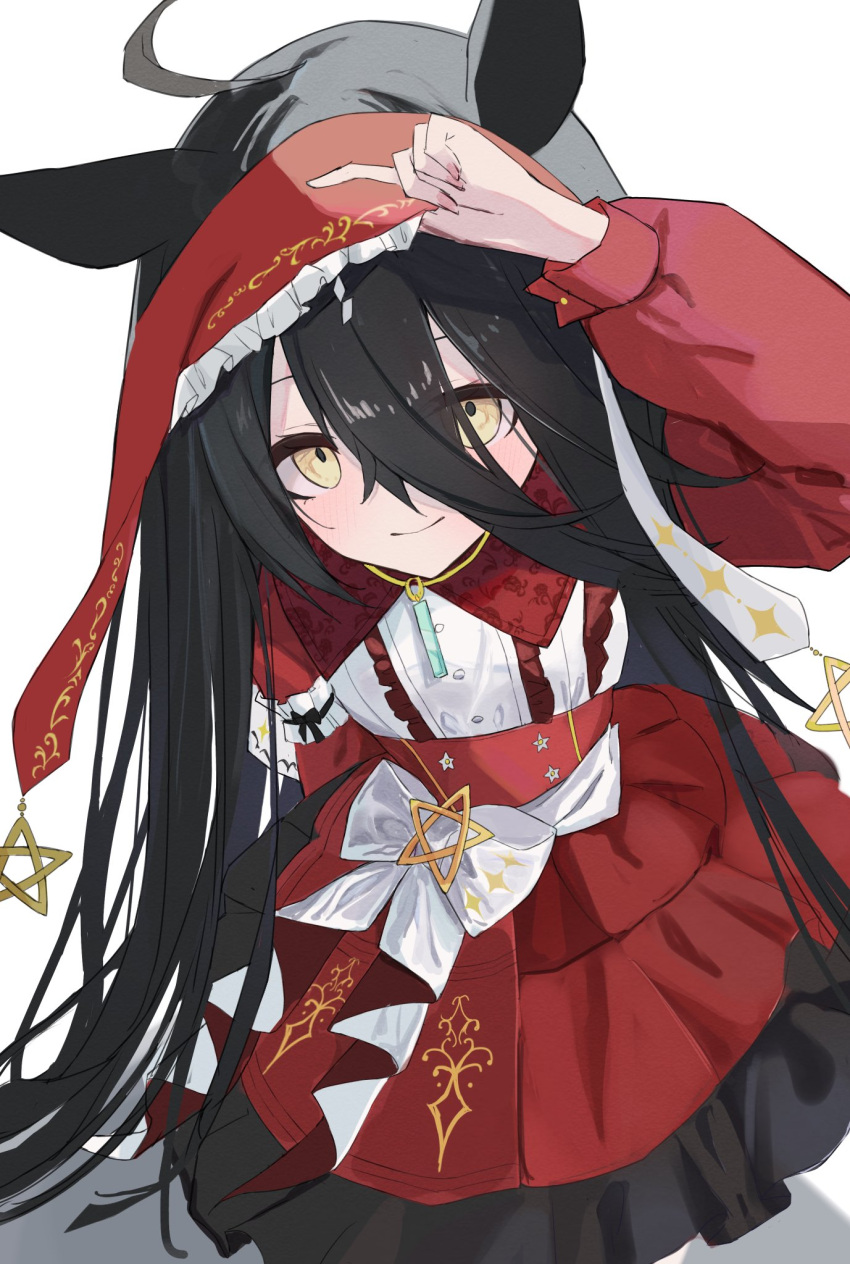 1girl, ahoge, animal_ears, black_hair, blush, commentary_request, cosplay, dress