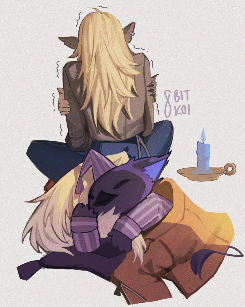 1boy, 1girl, 8bitkoiart, absurdres, animal_ears, back, deadlock_(game), hat, highres, holding, hugging_tail, jacket, long_hair, nightcap, pajamas, rem_(deadlock), silver_(deadlock), sleeping, tail, trembling, white_hair, wolf_ears, wolf_girl