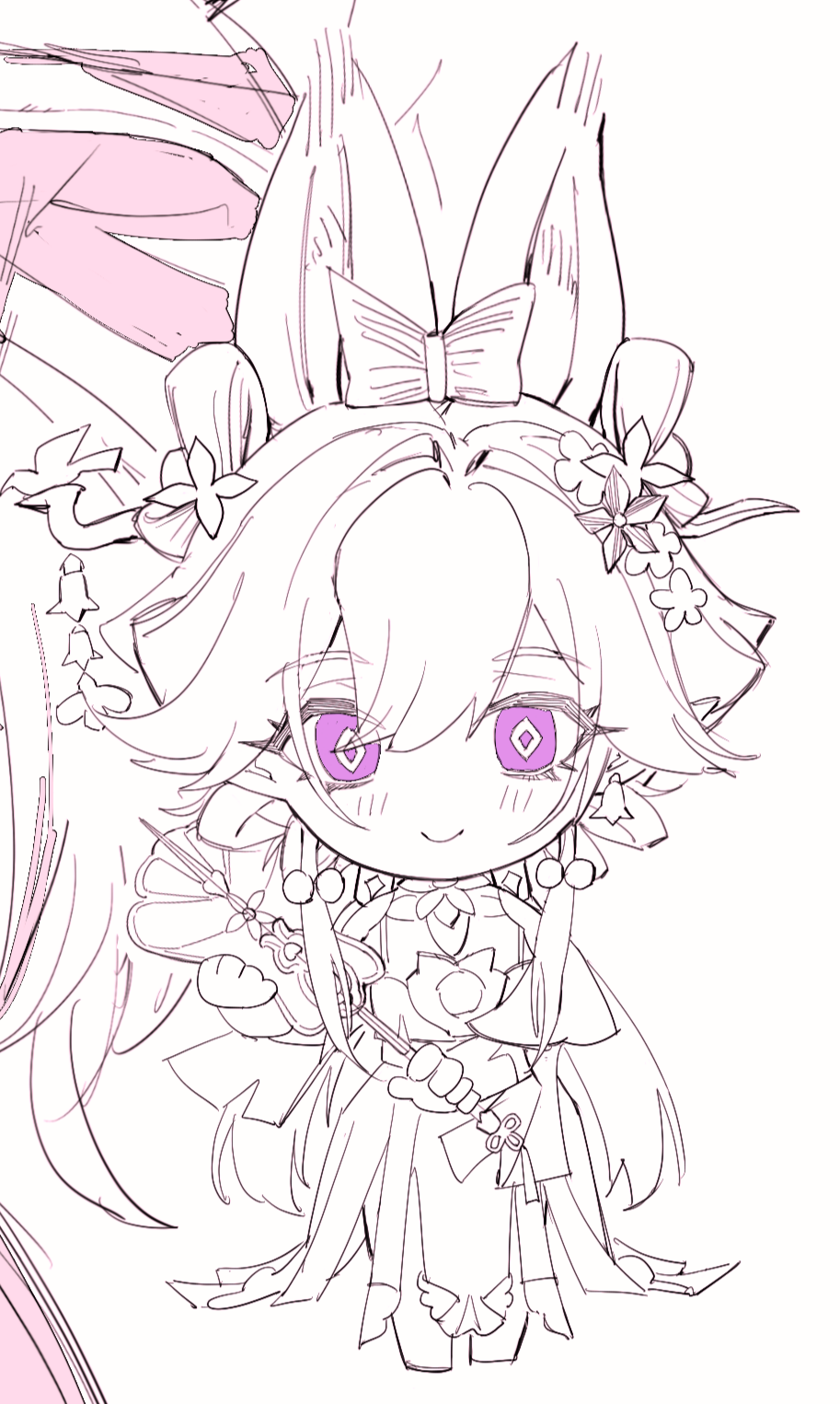 1girl, breasts, caofanggeshazhang58944, chibi, chinese_clothes, chinese_commentary, chinese_hairstyle, commentary_request, diamond-shaped_pupils, diamond_(shape), dress, earrings, elf, elysia_(hi_love_elf)_(honkai_impact), elysia_(honkai_impact), elysia_(lunar_grace)_(honkai_impact), flower, greyscale, hair_flower, hair_ornament, highres, honkai_(series), honkai_impact_3rd, jewelry, large_breasts, long_hair, monochrome, multiple_views, official_alternate_costume, pointy_ears, smile, spot_color, symbol-shaped_pupils, very_long_hair, violet_eyes