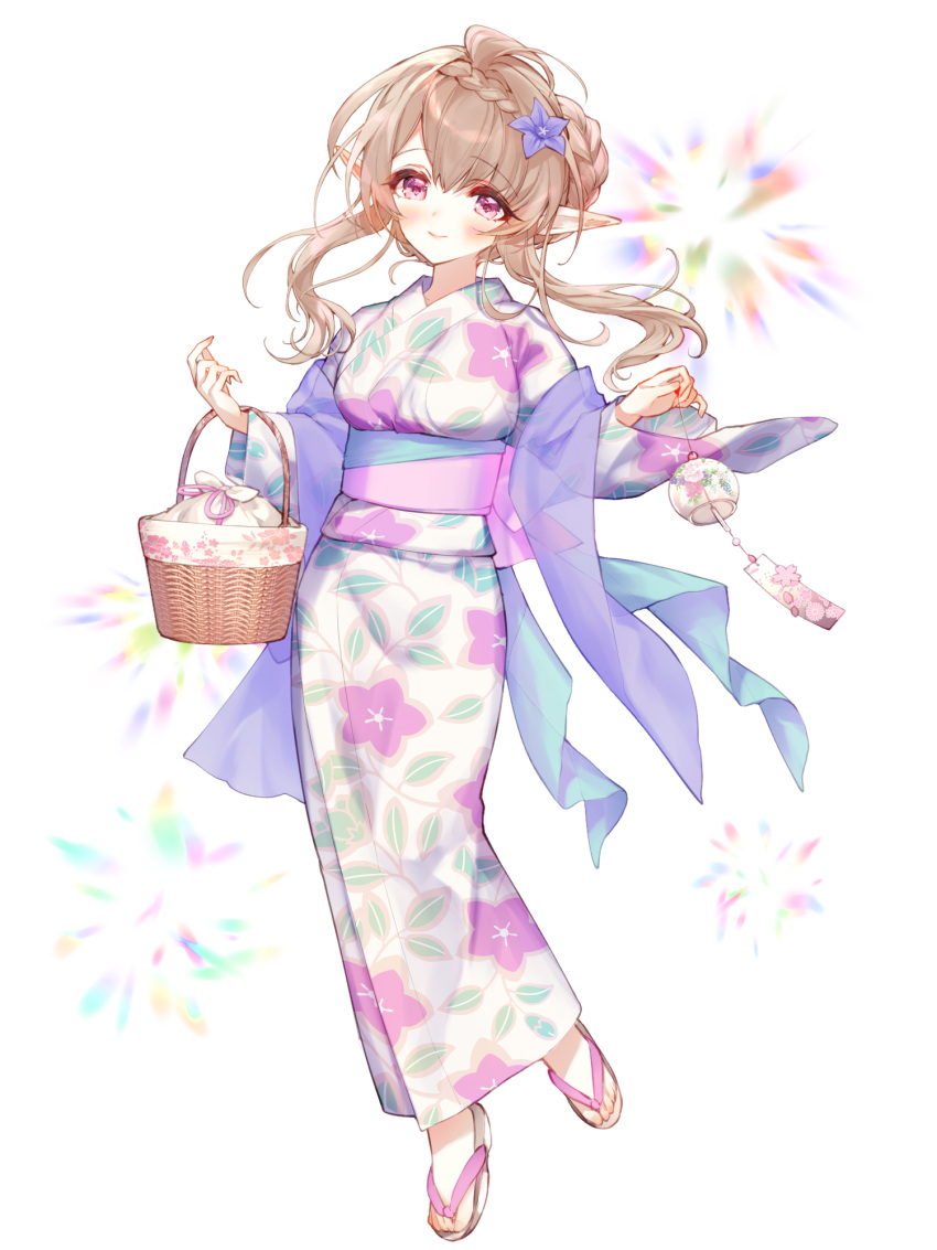 1girl, basket, braid, brown_hair, dairoku_ryouhei, elf, floral_print, floral_print_kimono