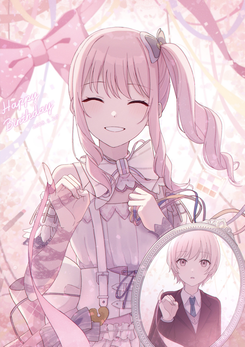 2023, 2others, :d, ^_^, absurdres, aged_down, akiyama_mizuki, akiyama_mizuki_(middle_school), back_bow, backlighting, bare_shoulders, blue_necktie, blurry, blurry_background, border, bow, bowtie, brown_jacket, buttons, chromatic_aberration, closed_eyes, collared_shirt, commentary, confetti, corset, cosmetics, dated, detached_collar, dress, drill_hair, drill_sidelocks, dual_persona, english_commentary, english_text, expressionless, facing_viewer, film_grain, finger_ribbon, fingernails, frilled_sleeves, frills, grey_bow, grey_sweater, grin, hair_bow, hand_mirror, hand_on_own_chest, hands_up, happy_birthday, heart, high_side_ponytail, highres, id_smile_(vocaloid), jacket, lapels, layered_sleeves, lipstick_tube, long_hair, long_sleeves, looking_at_viewer, makeup_palette, mirror, miton_(1521084393405571072), multiple_others, necktie, notched_lapels, off-shoulder_dress, off_shoulder, open_mouth, other_focus, outside_border, pink_border, pink_bow, pink_eyes, pink_hair, pink_ribbon, pink_theme, plaid_bow, project_sekai, puffy_short_sleeves, puffy_sleeves, ribbon, school_uniform, shirt, short_hair, short_sleeves, side_drill, side_ponytail, sidelocks, simple_background, smile, solo_focus, striped_bow, striped_bowtie, striped_clothes, suspenders, sweater, swept_bangs, tareme, upper_body, white_background, white_bow, white_bowtie, white_corset, white_dress, white_shirt, wind