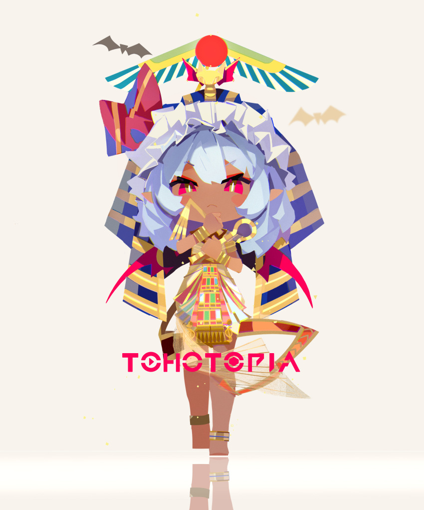 1girl, absurdres, alternate_costume, ancient_egyptian_clothes, anklet, bat_wings, blue_hair, closed_mouth