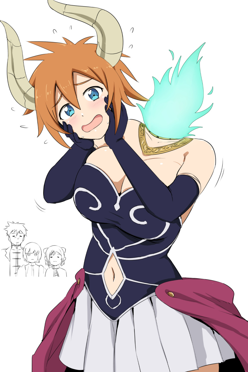 1boy, 3girls, aura_(sousou_no_frieren), bare_shoulders, blue_eyes, clothing_cutout, commentary_request, cosplay