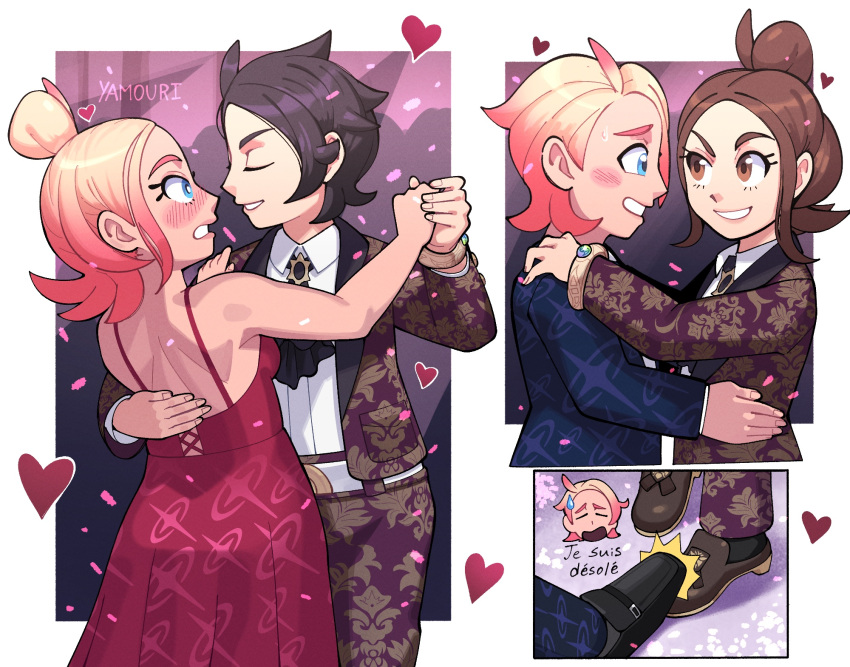 2boys, 2girls, artist_name, ascot, black_ascot, black_hair, blue_eyes, blush