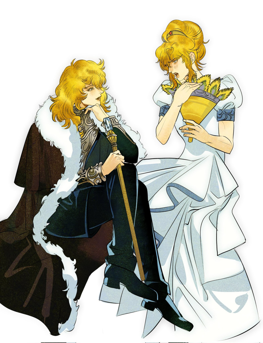 1boy, 1girl, androgynous, bishounen, blonde_hair, blue_eyes, commentary, cosplay, costume_switch, crive9196, crossdressing, crossdressing_(ftm), crossdressing_(mtf), crossover, dress, ginga_eiyuu_densetsu, hair_between_eyes, highres, holding, long_hair, long_sleeves, look-alike, open_mouth, oscar_francois_de_jarjayes, pants, reinhard_von_lohengramm, reinhard_von_lohengramm_(cosplay), smile, untranslatable_commentary, versailles_no_bara