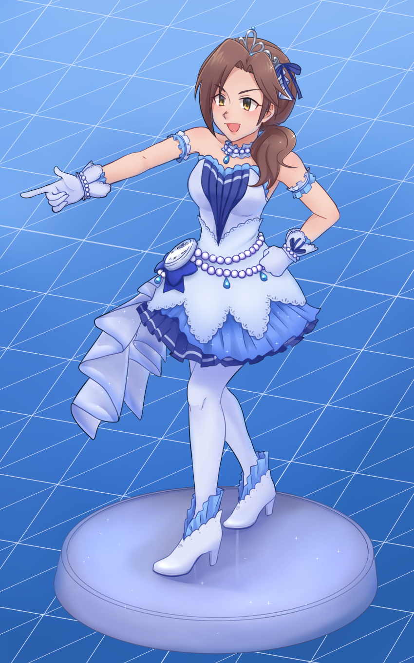 1girl, absurdres, breasts, brown_eyes, brown_hair, commentary, dancing, dress