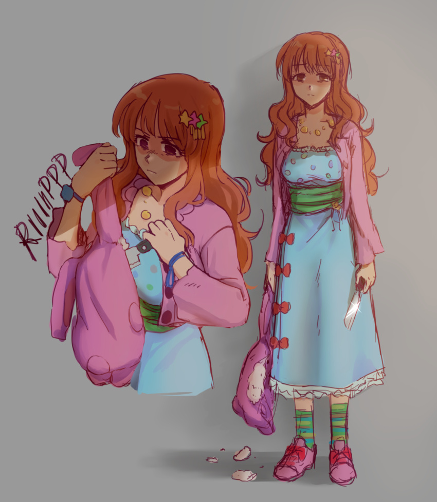 1girl, blue_dress, brown_eyes, closed_mouth, commentary, dress, english_commentary, glint
