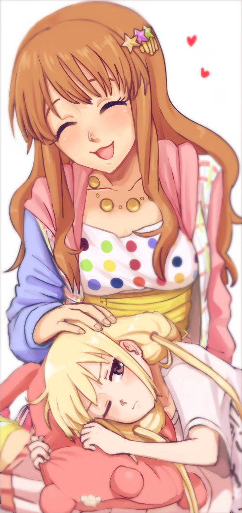 2girls, blonde_hair, brown_eyes, closed_eyes, closed_mouth, commentary, english_commentary, futaba_anzu