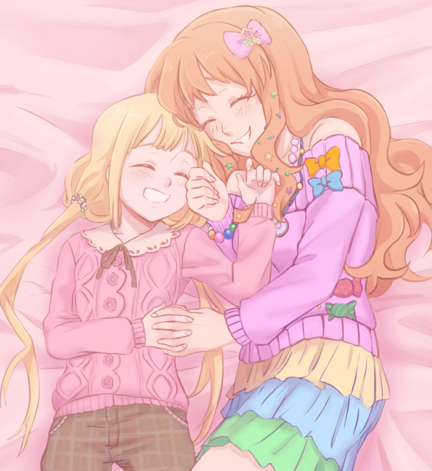 2girls, bed_sheet, blonde_hair, bow, closed_eyes, colored_skin, commentary, english_commentary