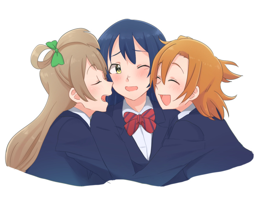 3girls, blazer, blue_hair, blue_jacket, blush, bow, bowtie, brown_hair