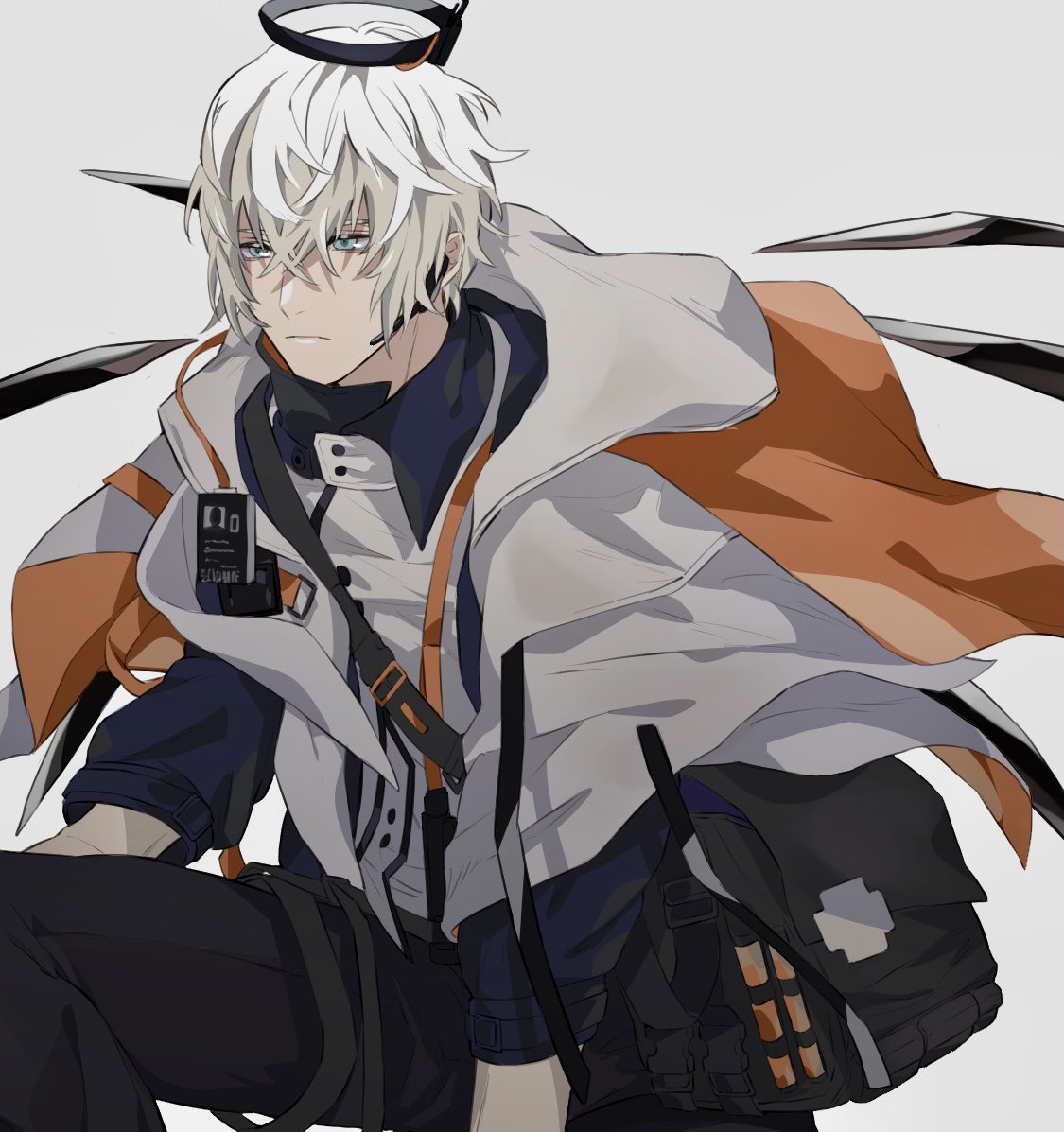 1boy, arknights, bag, black_pants, blue_eyes, cape, chimi_(s8s8_bb), closed_mouth