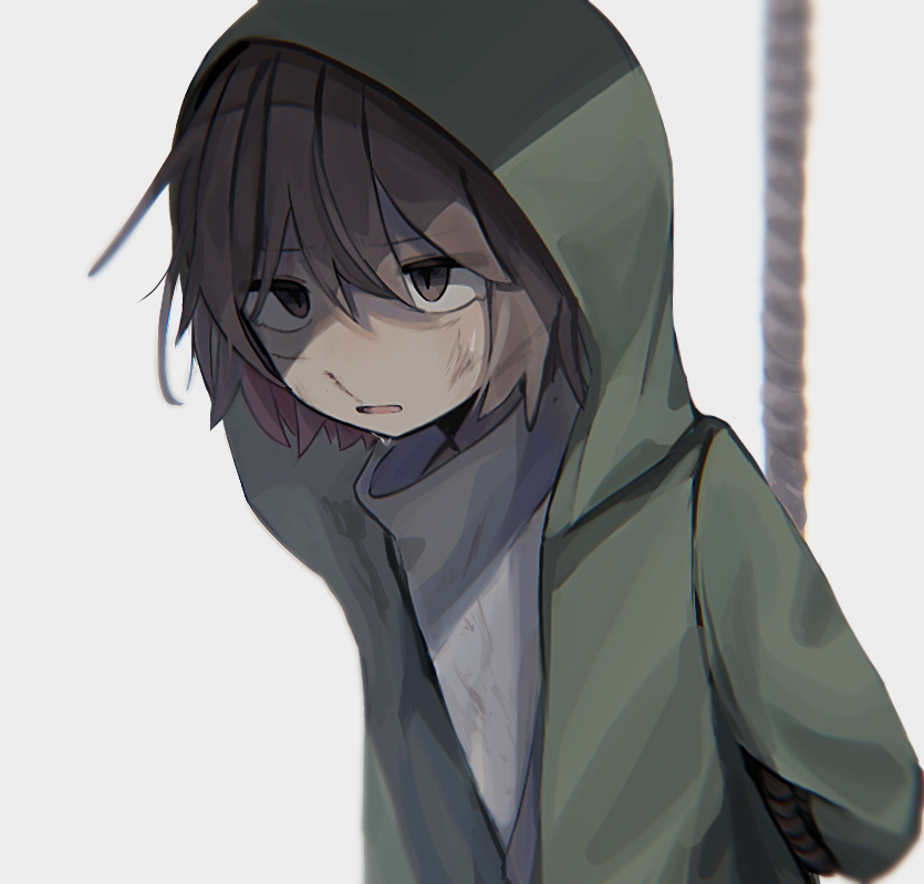 1other, alternate_universe, arms_behind_back, blood, blood_on_face, blurry, blurry_background, bound