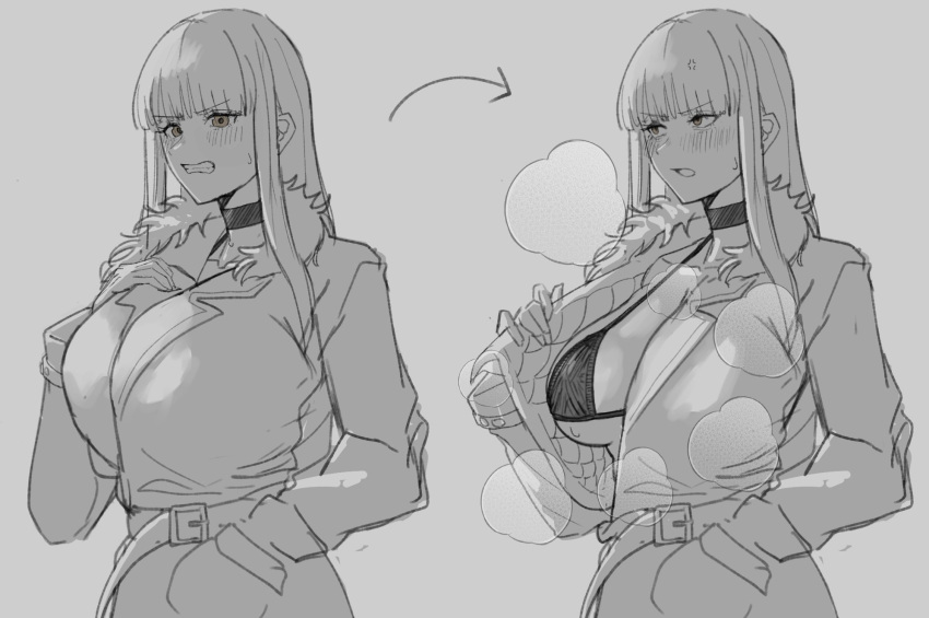 1girl, arrow_(symbol), belt, bikini, black_bikini, black_choker, blunt_bangs, breasts