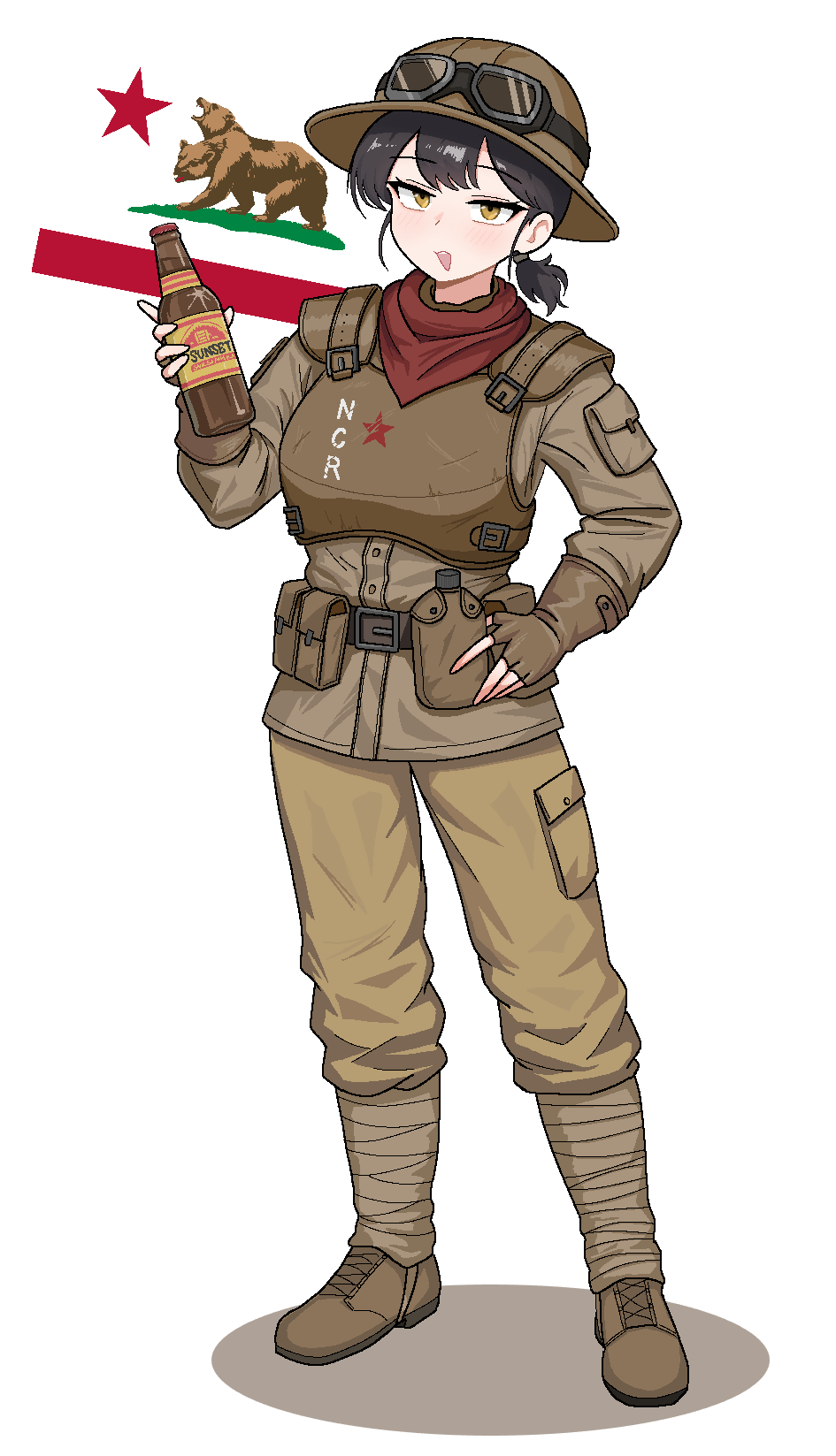1girl, :d, armor, belt_pouch, boots, bottle, breasts, brown_hair