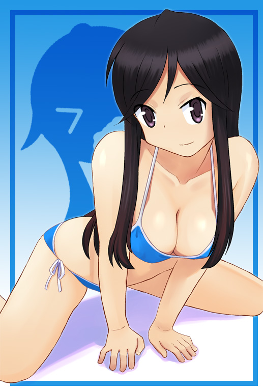 a_channel, bikini, black_eyes, black_hair, breasts, cleavage, katatsuka_kouji, leaning_forward
