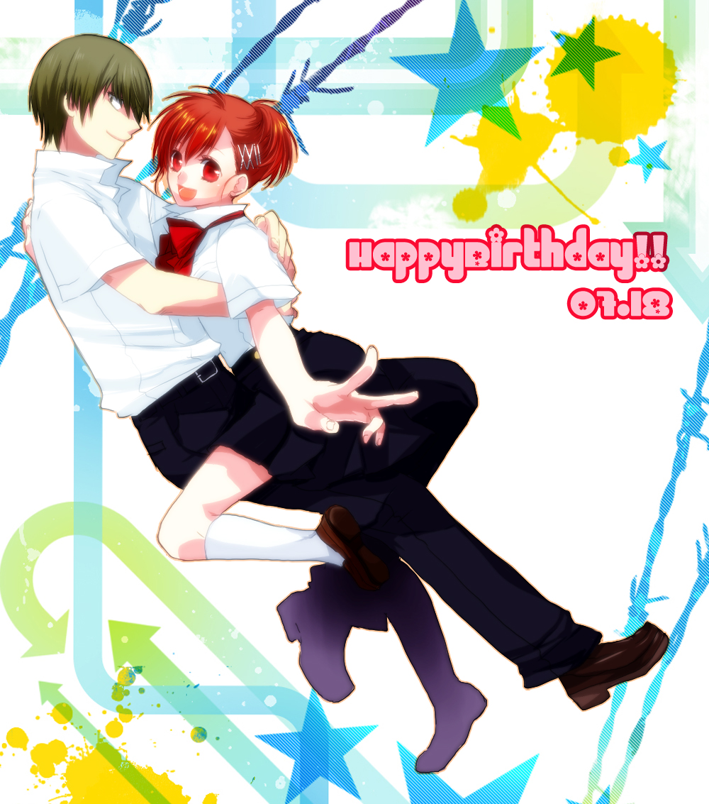 1girl, aragaki_shinjirou, brown_hair, couple, female_protagonist_(persona_3), hair_ornament, hairclip, happy_birthday, ichimatsu_shiro, persona, persona_3, persona_3_portable, red_eyes, school_uniform, short_hair, smile