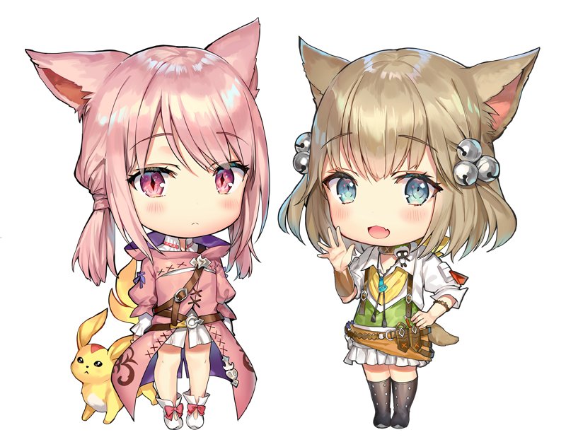 2girls, animal_ears, belt, black_boots, blue_eyes, blush, boots, brown_belt