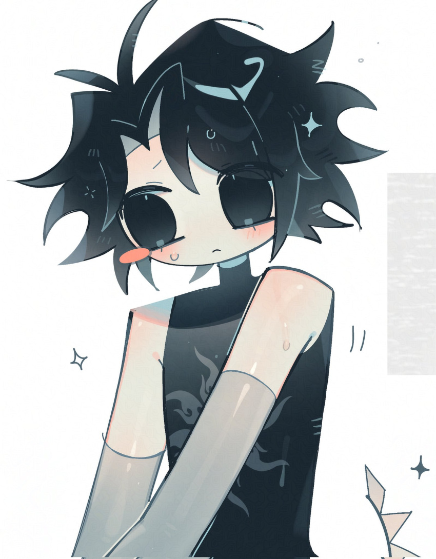 1018sus, 1other, :<, antenna_hair, bare_shoulders, black_eyes, black_hair, black_shirt